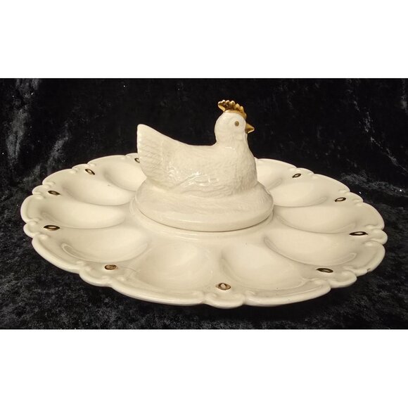 Vintage Ceramic Deviled Egg Plate Chicken Topper White Gold Accent 9" - Picture 1 of 5